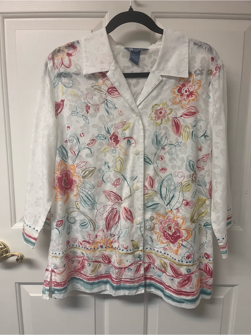 Koret White Floral Button-Up Long Sleeve Shirt Dress